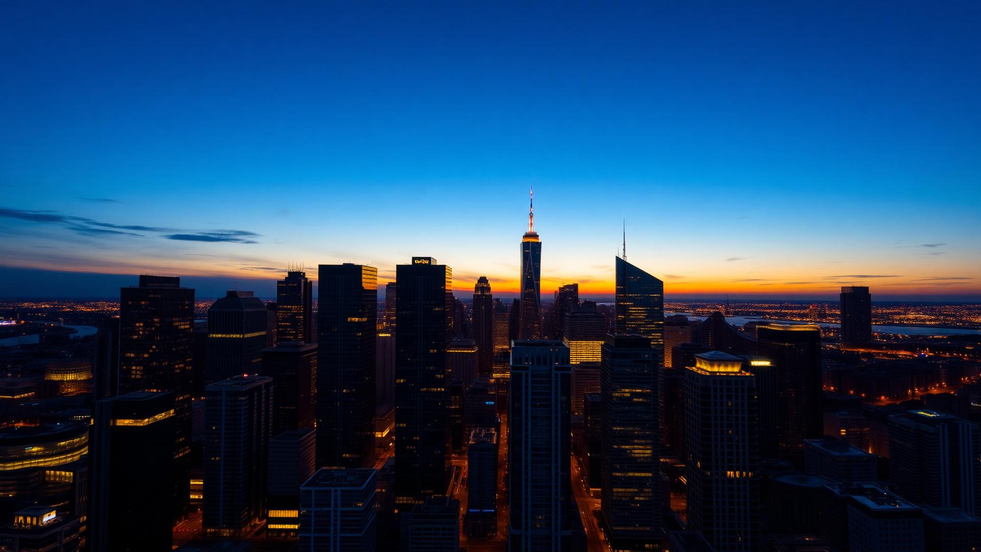 Aerial view of a commercial real estate skyline at dusk